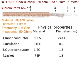 RG178 RF Coaxial cable - 50 ohm - Dia 1.8mm - 1 Meter