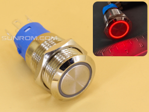Metal Switch 16mm - Push to ON Momentary - IP65 - Indicator 3-6V DC Red Ring