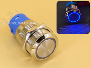 Metal Switch 16mm - Push to ON Momentary - IP65 - Indicator 220V AC Blue Ring