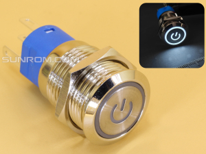 Metal Switch 16mm - Push to ON Momentary - IP65 - Indicator 3-6V DC White Ring+Power