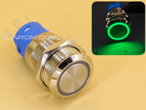 Metal Switch 16mm - Push to ON/OFF Latch - IP65 - Indicator 3-6V DC Green Ring