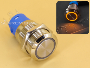 Metal Switch 16mm - Push to ON/OFF Latch - IP65 - Indicator 12-24V DC Yellow Ring