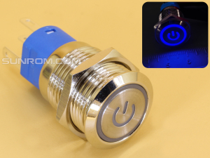 Metal Switch 16mm - Push to ON/OFF Latch - IP65 - Indicator 3-6V DC Blue Ring+Power