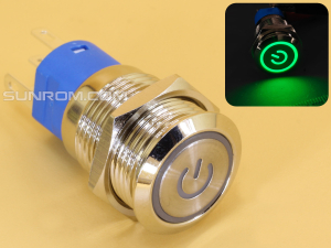 Metal Switch 16mm - Push to ON/OFF Latch - IP65 - Indicator 12-24V DC Green Ring+Power