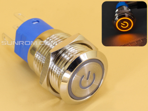 Metal Switch 16mm - Push to ON/OFF Latch - IP65 - Indicator 12-24V DC Yellow Ring+Power