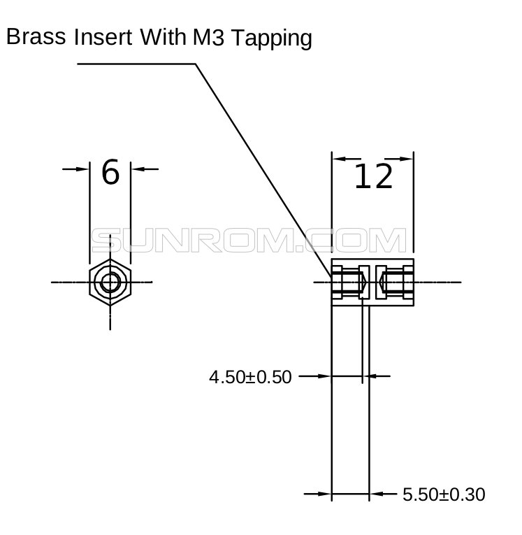 12mm Hex Spacer both M3 inside thread Brass Insert [6533] : Sunrom
